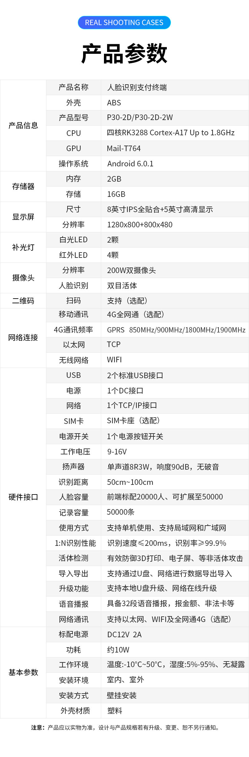 產(chǎn)品參數(shù),產(chǎn)品名稱(chēng)：人臉識(shí)別支付終端,外殼：ABS塑料,產(chǎn)品型號(hào)：P30-2D/P30-2D-2W,CPU：四核RK3288 Cortex-A17 Up to 1.8GHz,GPU：Mail-T764,操作系統(tǒng)：Android 6.0.1,內(nèi)存：2GB,存儲(chǔ)：16GB,顯示屏尺寸：8英寸IPS全貼合＋5英寸高清顯示,分辨率：1280×800＋800×480,補(bǔ)光燈:白光LED2顆,紅外LED	4顆,攝像頭分辨率：200W雙目攝像頭,人臉識(shí)別：雙目活體，二維碼：掃碼支持（選配）,網(wǎng)絡(luò)連接移動(dòng)通訊：4G全網(wǎng)通（選配）,4G通訊頻率：GPRS?850MHz?/900MHz?/1800MHz?/1900MHz,以太網(wǎng)：TCP,無(wú)線(xiàn)網(wǎng)絡(luò)：WIFI,硬件接口USB：2個(gè)標(biāo)準(zhǔn)USB接口,電源：1個(gè)DC接口,網(wǎng)絡(luò)：1個(gè)TCP/IP接口,SIM卡:SIM卡座（選配）,電源開(kāi)關(guān)：1個(gè)電源按鈕開(kāi)關(guān),工作電壓：9-16V,揚(yáng)聲器：?jiǎn)温暤?R3W，響度90dB，無(wú)破音,識(shí)別距離：50cm～100cm ,人臉容量：前端標(biāo)配20000人、可擴(kuò)展至50000，支持超大容量后端識(shí)別,記錄容量：50000條,使用方式：支持單機(jī)使用、支持局域網(wǎng)和廣域網(wǎng),1:N識(shí)別性能：識(shí)別速度≤200mS，識(shí)別率≥99.9%,活體檢測(cè)：有效防御3D打印、電子屏、視頻、圖片、面具等非活體攻擊,導(dǎo)入導(dǎo)出：支持通過(guò)U盤(pán)、網(wǎng)絡(luò)進(jìn)行數(shù)據(jù)及參數(shù)導(dǎo)入導(dǎo)出,升級(jí)功能：支持本地U盤(pán)升級(jí)、網(wǎng)絡(luò)在線(xiàn)升級(jí),語(yǔ)音播報(bào)：具備32段語(yǔ)音播報(bào)，報(bào)金額，報(bào)限次，報(bào)非法卡等,網(wǎng)絡(luò)通訊：支持以太網(wǎng)、WIFI及全網(wǎng)通4G（選配）, 基本參數(shù)標(biāo)配電源：DC12V 2A,功耗：約10W,工作環(huán)境：溫度：-10℃～50℃，濕度：5％-95％、無(wú)凝露,安裝環(huán)境：室內(nèi)、室外,安裝方式：壁掛安裝,外殼材質(zhì)：塑料,注意：產(chǎn)品應(yīng)以實(shí)物為準(zhǔn)，設(shè)計(jì)與產(chǎn)品規(guī)格若有升級(jí)、變更，恕不另行通知。